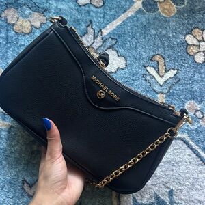 Michael Kors Black Pebbled Leather Shoulder Bag with Gold Chain Accent